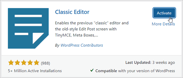 classic editor plugin activate